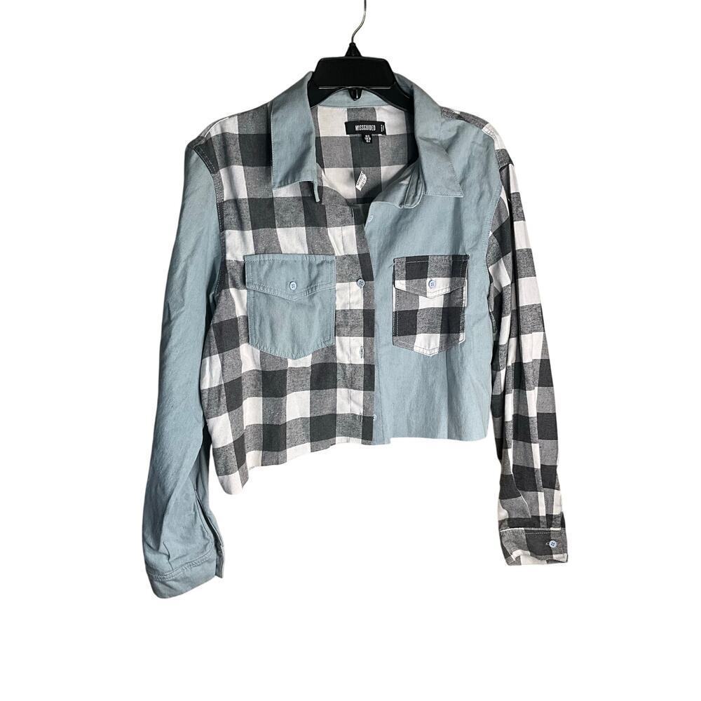 Missguided Cropped Button-Up Shirt‎ Plaided Long Sleeve Multicolor Womens Size 4